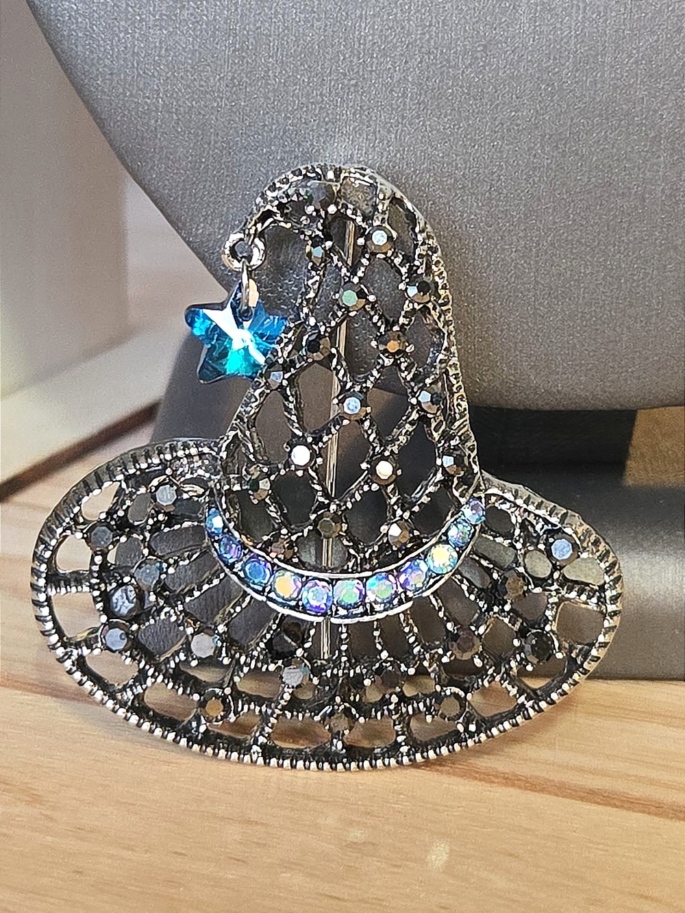 Crystal Accent Silver Witch Hat Brooch with Blue Star Charm